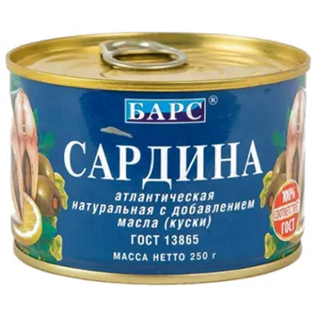 Сардина атлантическая "Барс" натуральная с добавлением масла 250 г